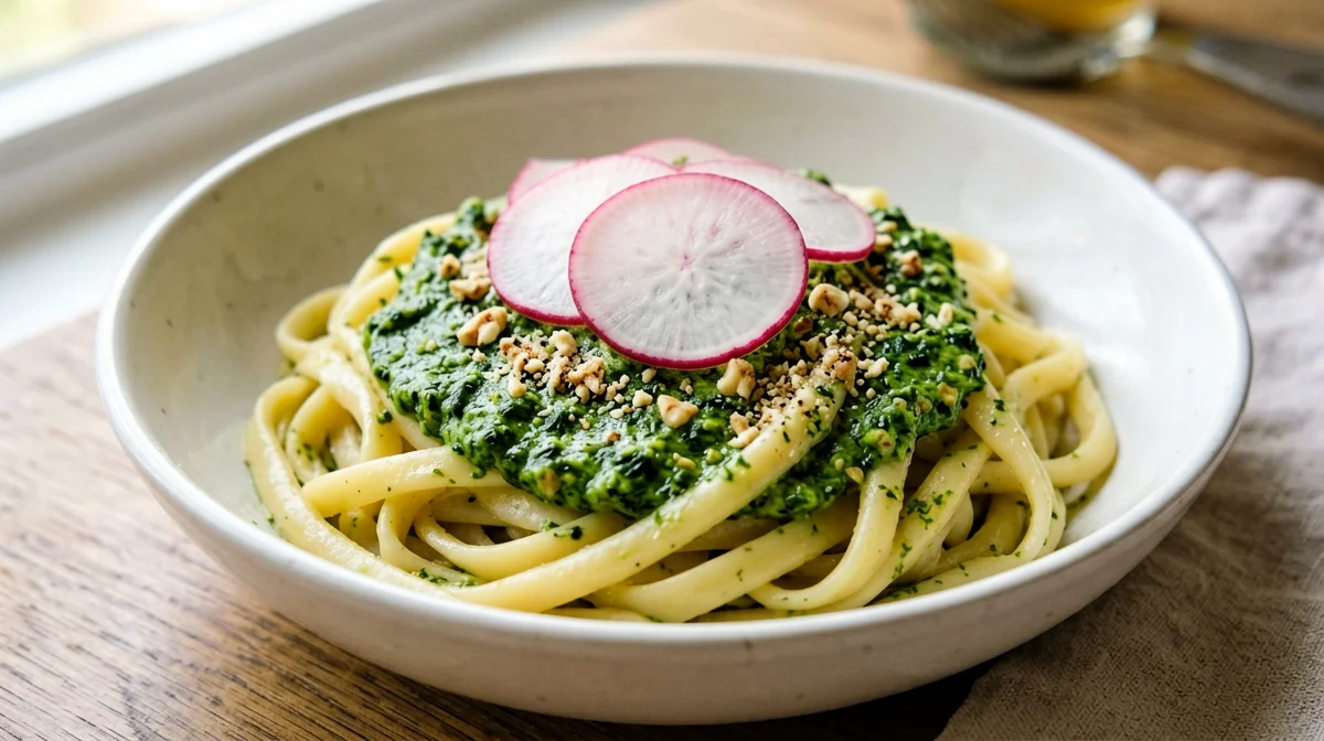 Pasta senza glutine al pesto di crescione con ravanelli