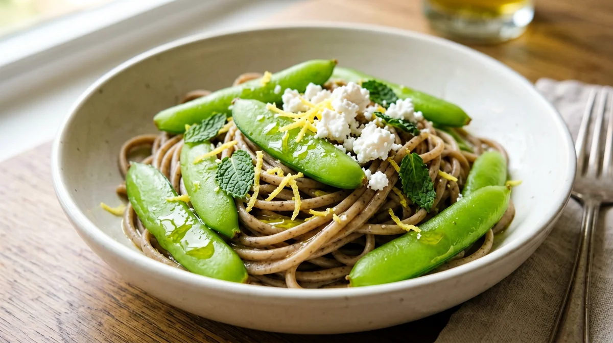 Pasta integrale con taccole, limone e ricotta salata