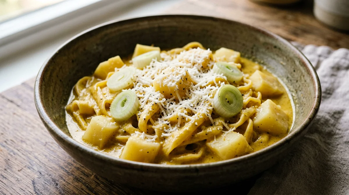 Pasta with leeks, potatoes and saffron