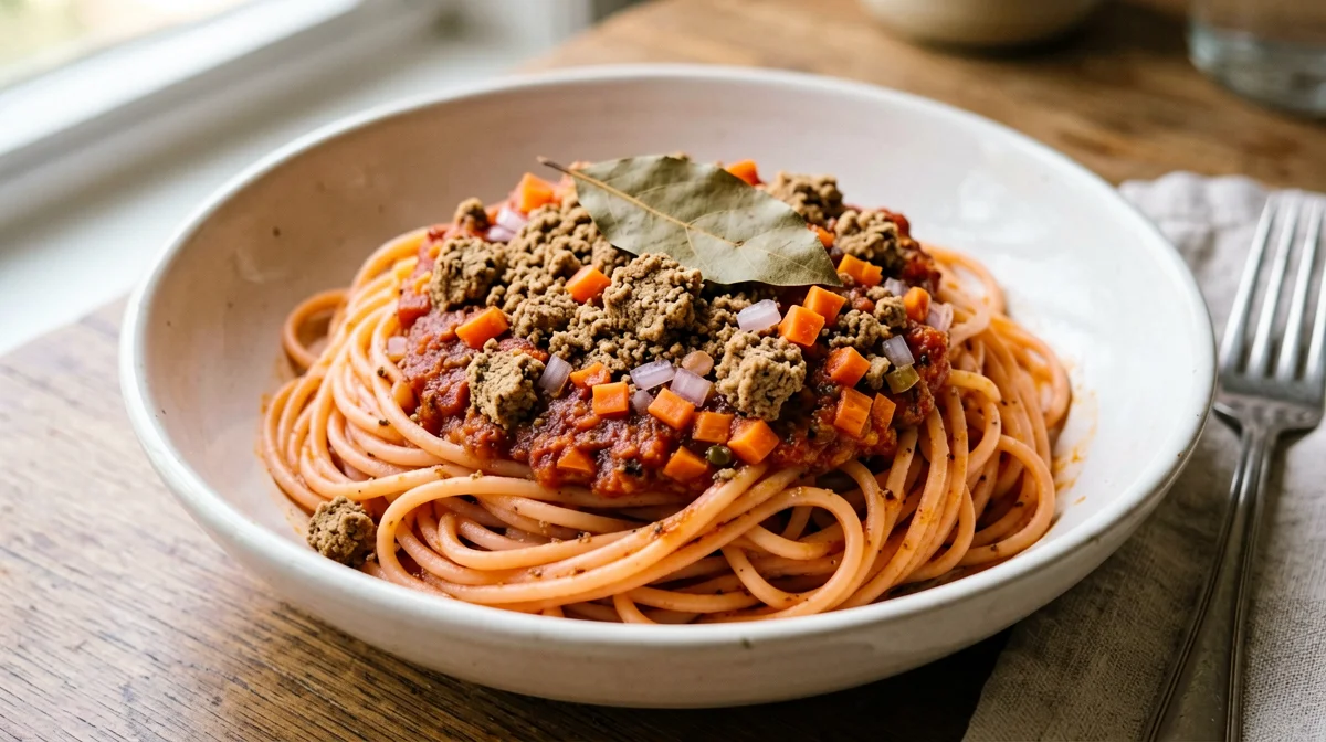 Pasta di lenticchie rosse al ragù di tofu