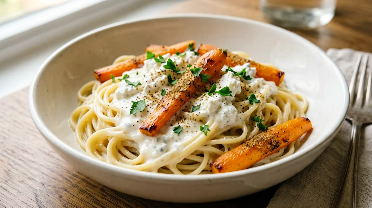 Chickpea pasta with roasted cumin carrots and goat's cheese