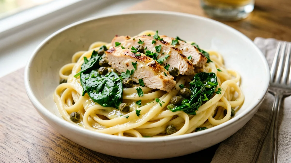 Gluten-free pasta with lemon caper chicken