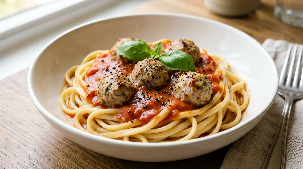Chickpea pasta with turkey meatballs in tomato sauce
