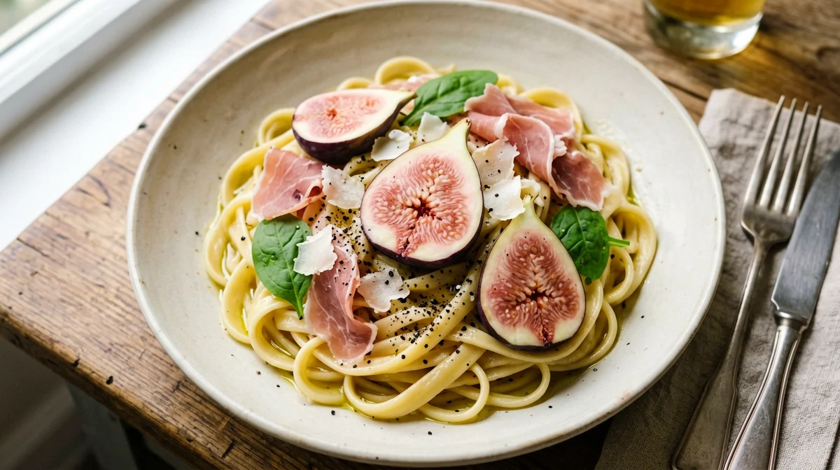 Pasta con prosciutto crudo, fichi e rucola