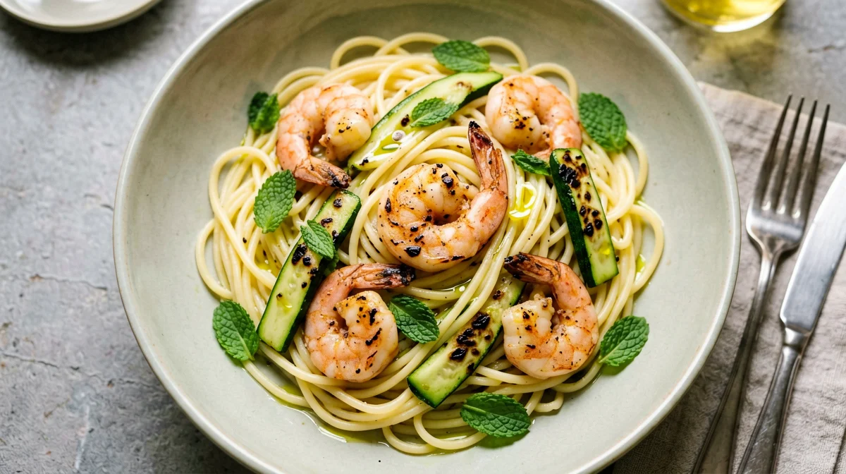 Insalata di pasta senza glutine con gamberi e zucchine grigliate