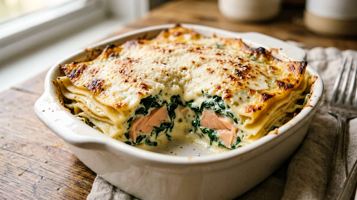Salmon and spinach lasagne for one