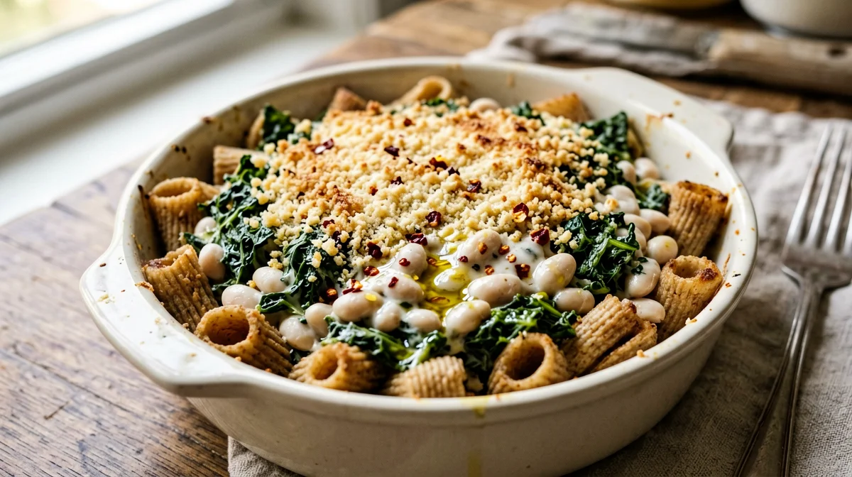 Gratin di pasta integrale con cavolo nero e cannellini
