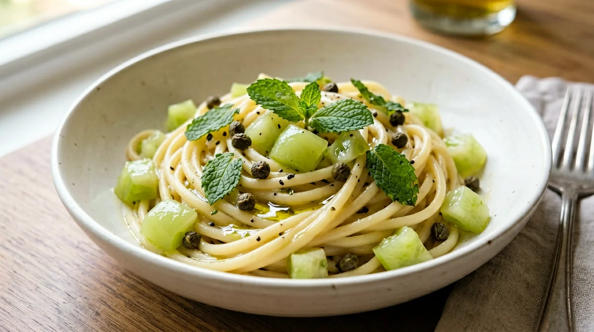 Pasta con pomodori verdi, capperi e menta
