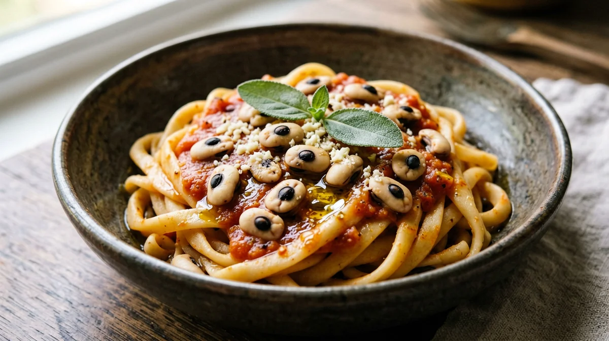 Pasta con fagioli dall'occhio, pomodoro e salvia