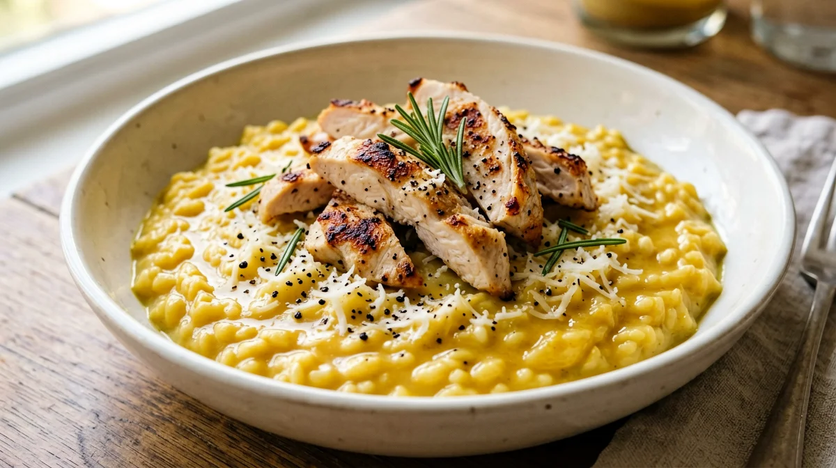 Risotto allo zafferano con petto di pollo croccante