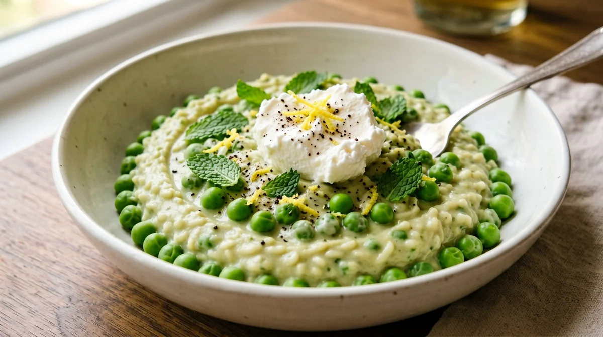 Risotto ai piselli e menta con ricotta