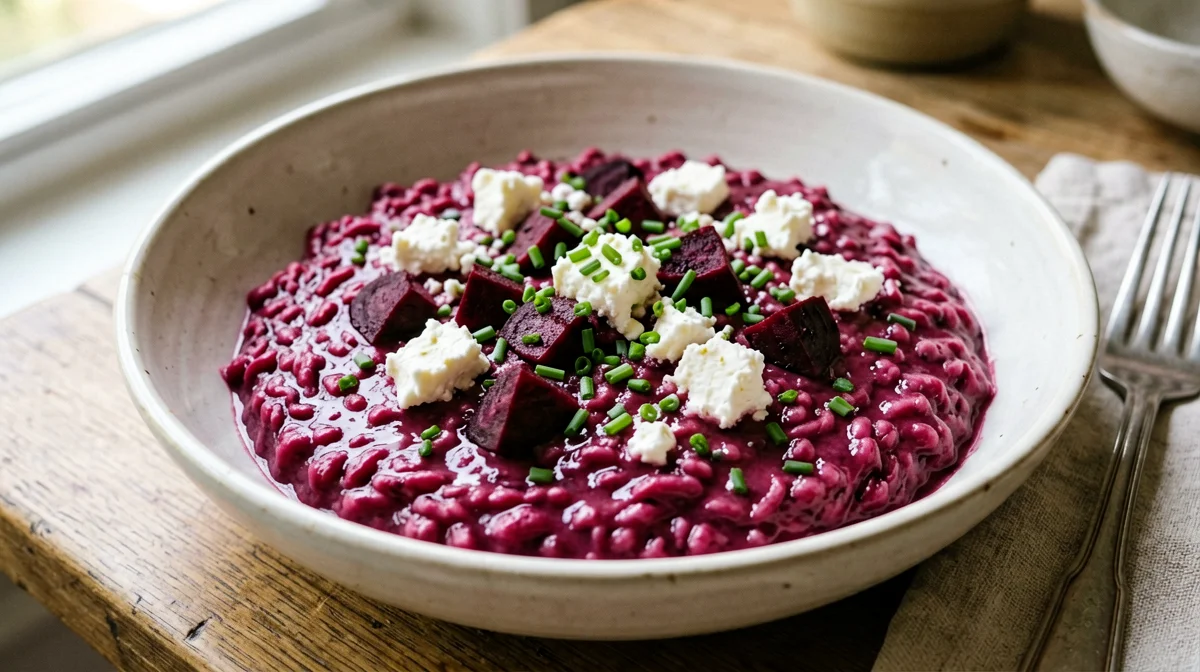 Risotto alla barbabietola con caprino e erba cipollina