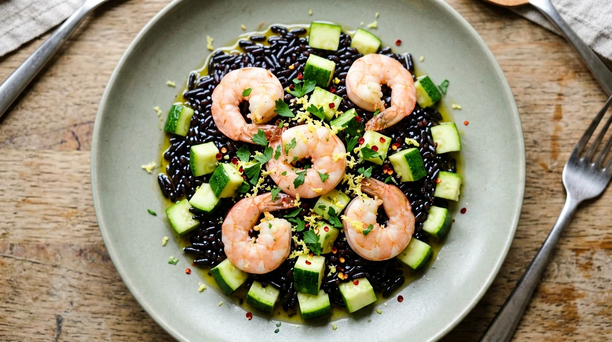 Black Venere rice with prawns and zucchini