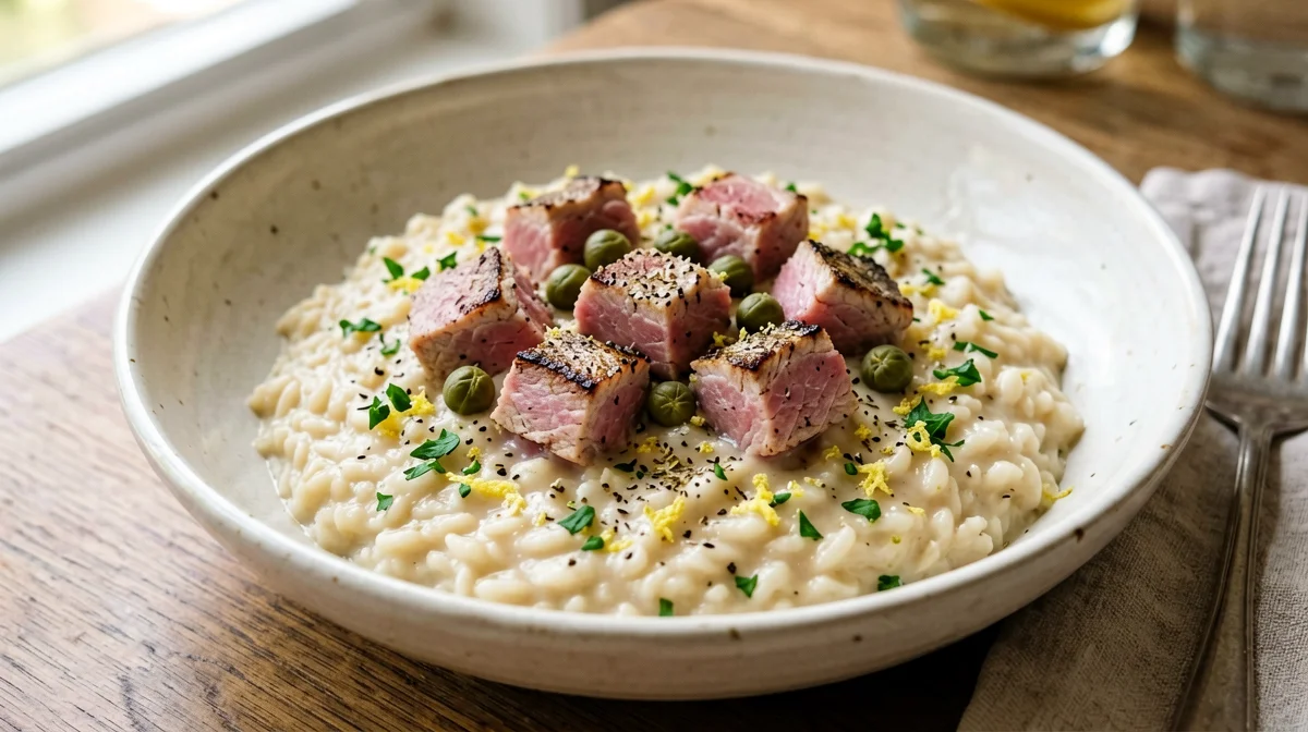 Fresh tuna risotto with capers and lemon