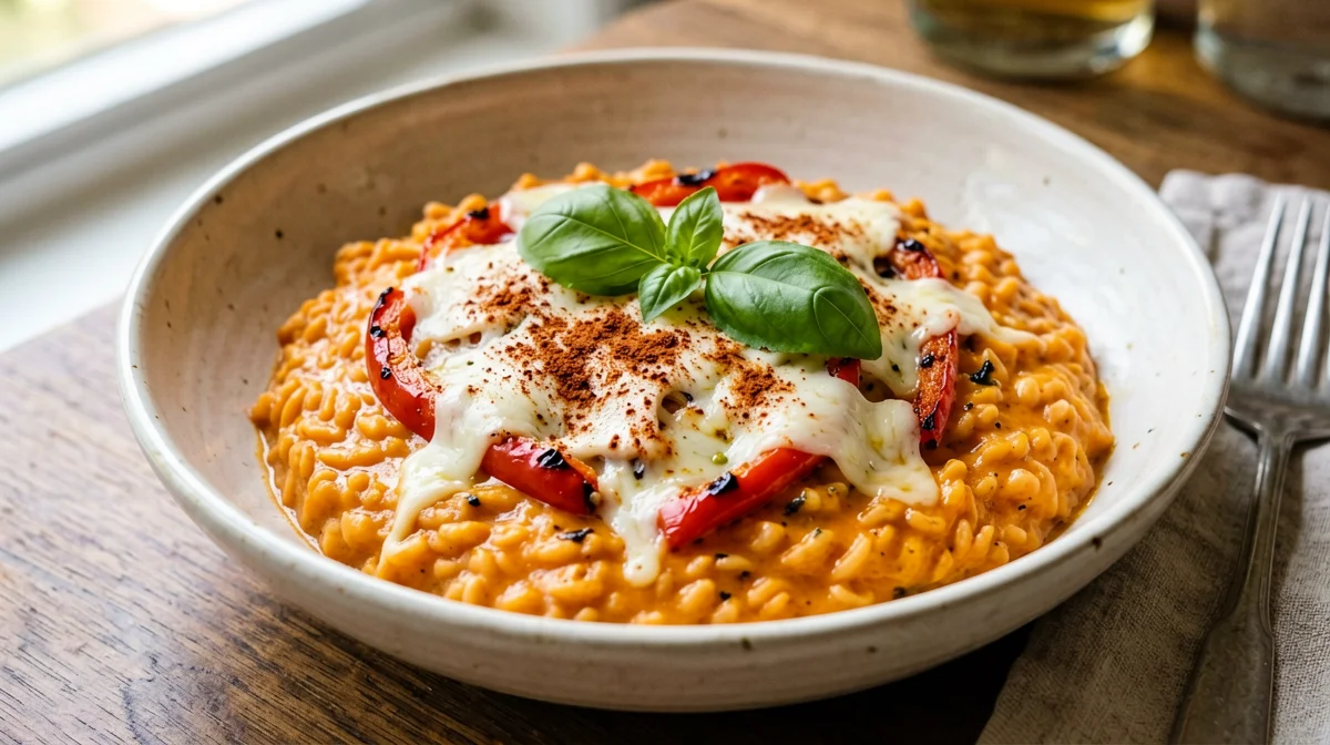Roasted pepper risotto with smoked scamorza