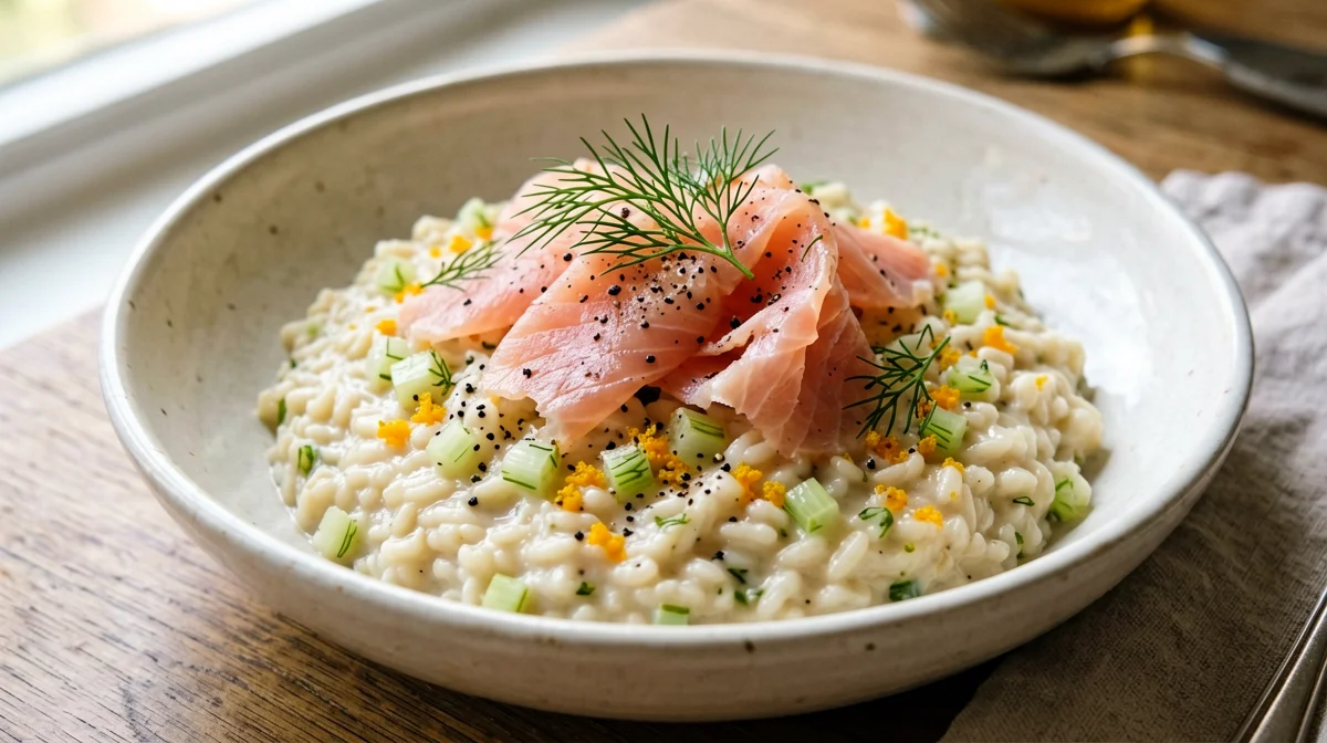 Fennel and orange risotto with smoked salmon