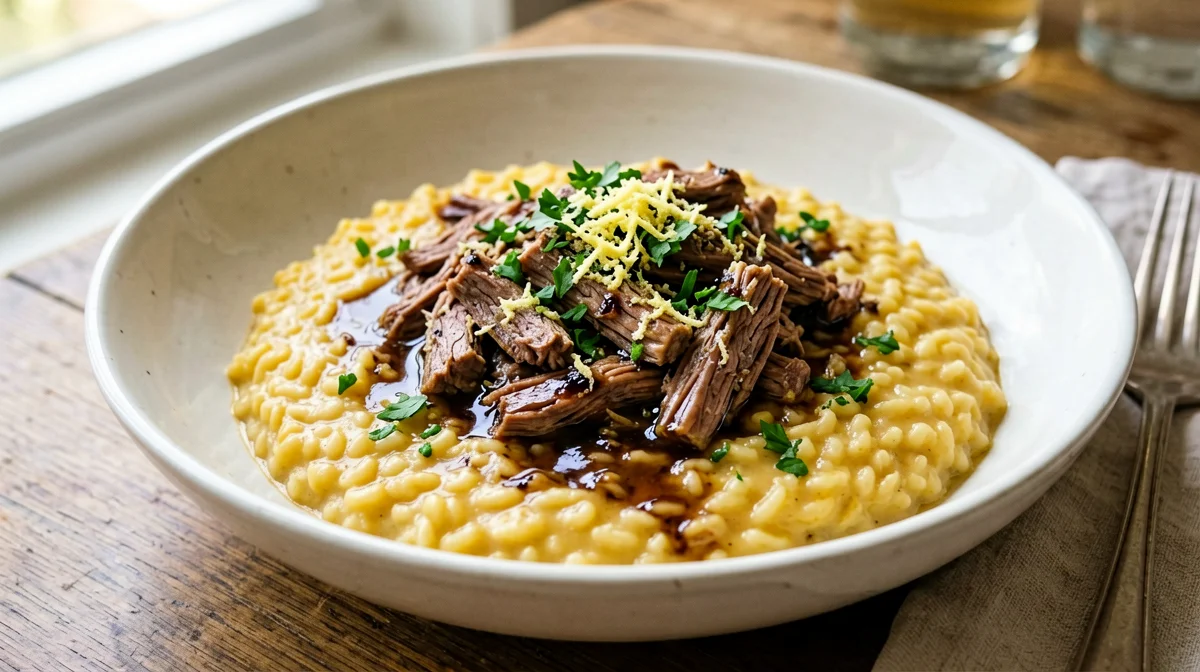 Risotto alla milanese with shredded ossobuco