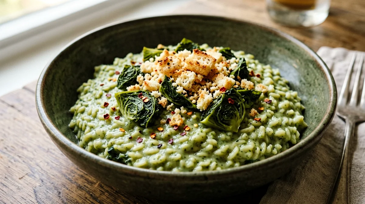 Turnip greens and anchovy risotto