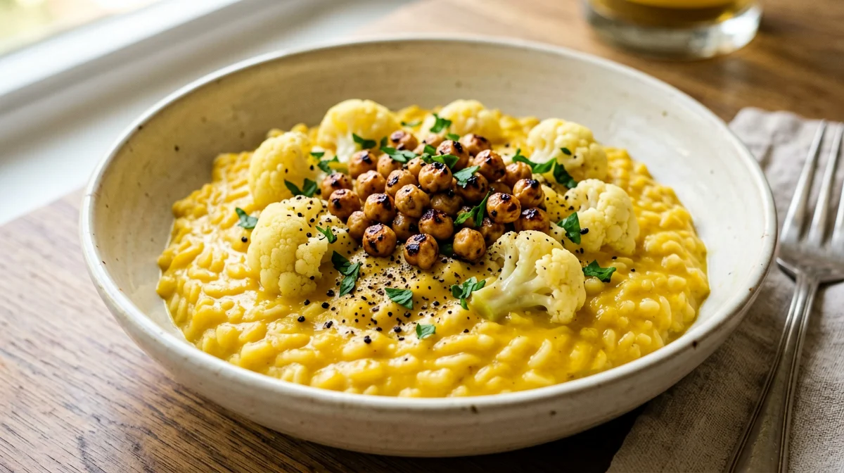 Cauliflower and turmeric risotto with crispy chickpeas