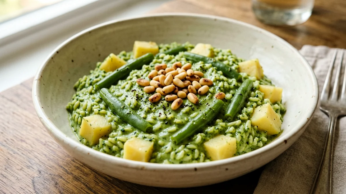 Pesto risotto with green beans and potatoes