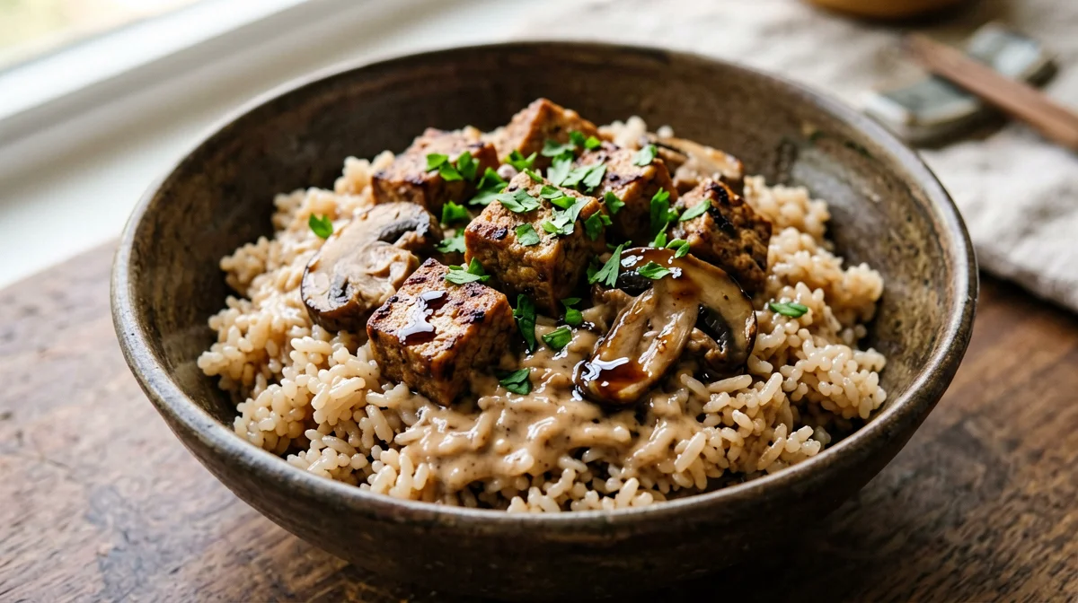 Risotto integrale ai funghi e tempeh