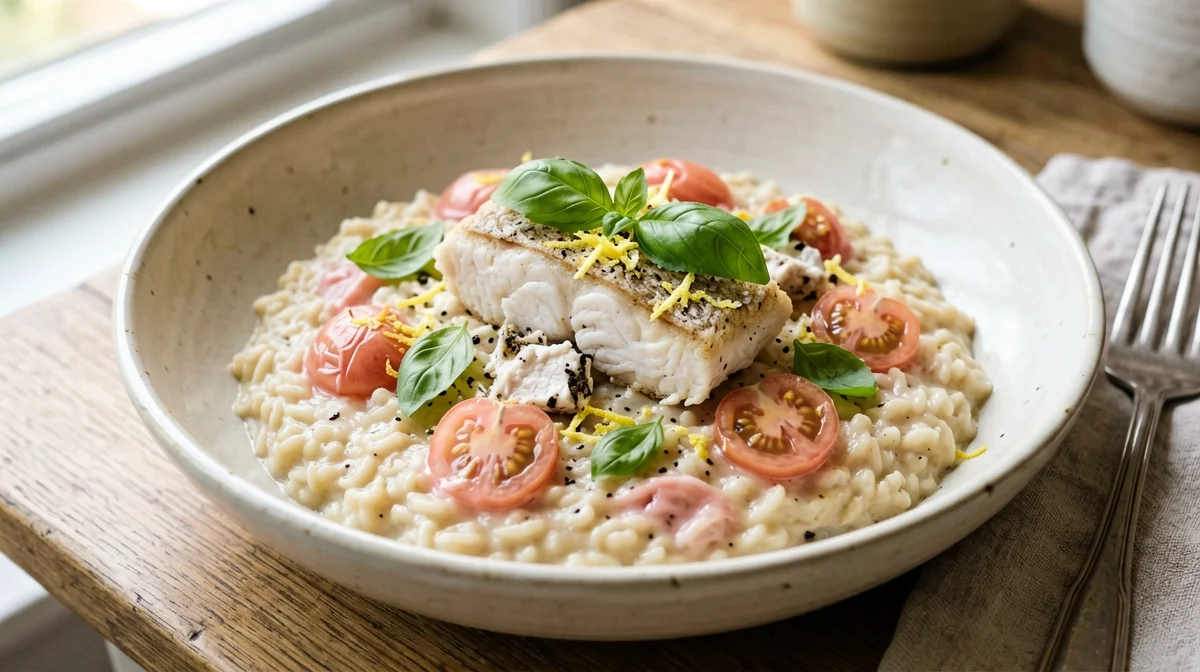 Sea bass and cherry tomato risotto
