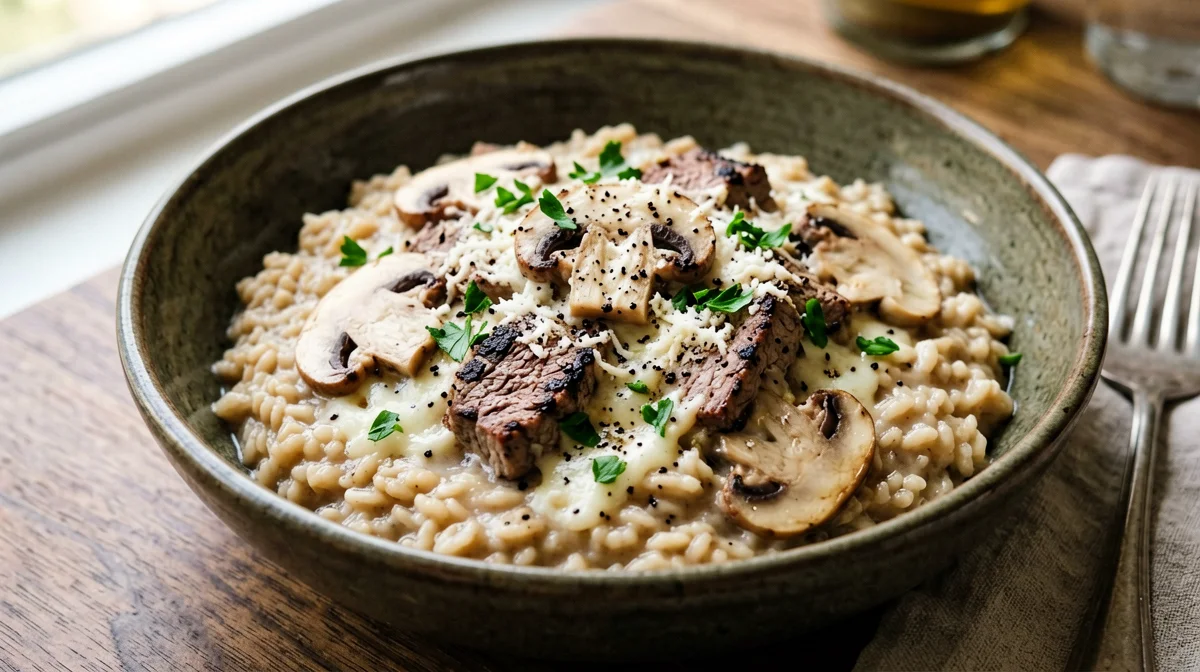 Risotto al vitello e funghi champignon