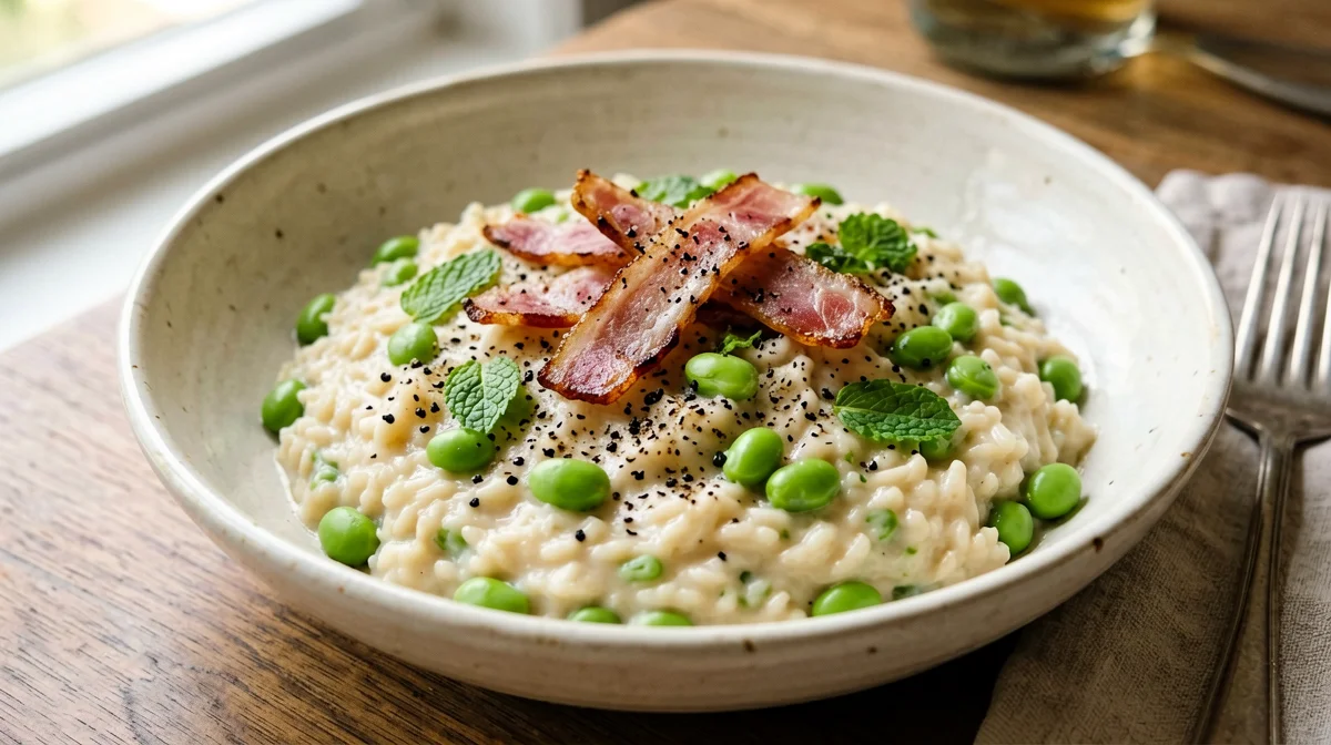 Broad bean risotto with pecorino and crispy guanciale
