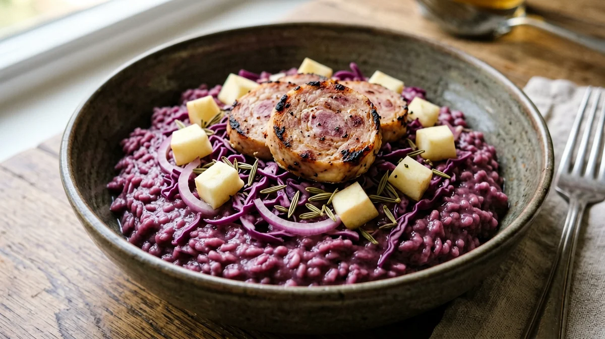 Risotto al cavolo rosso e mele con salsiccia di pollo