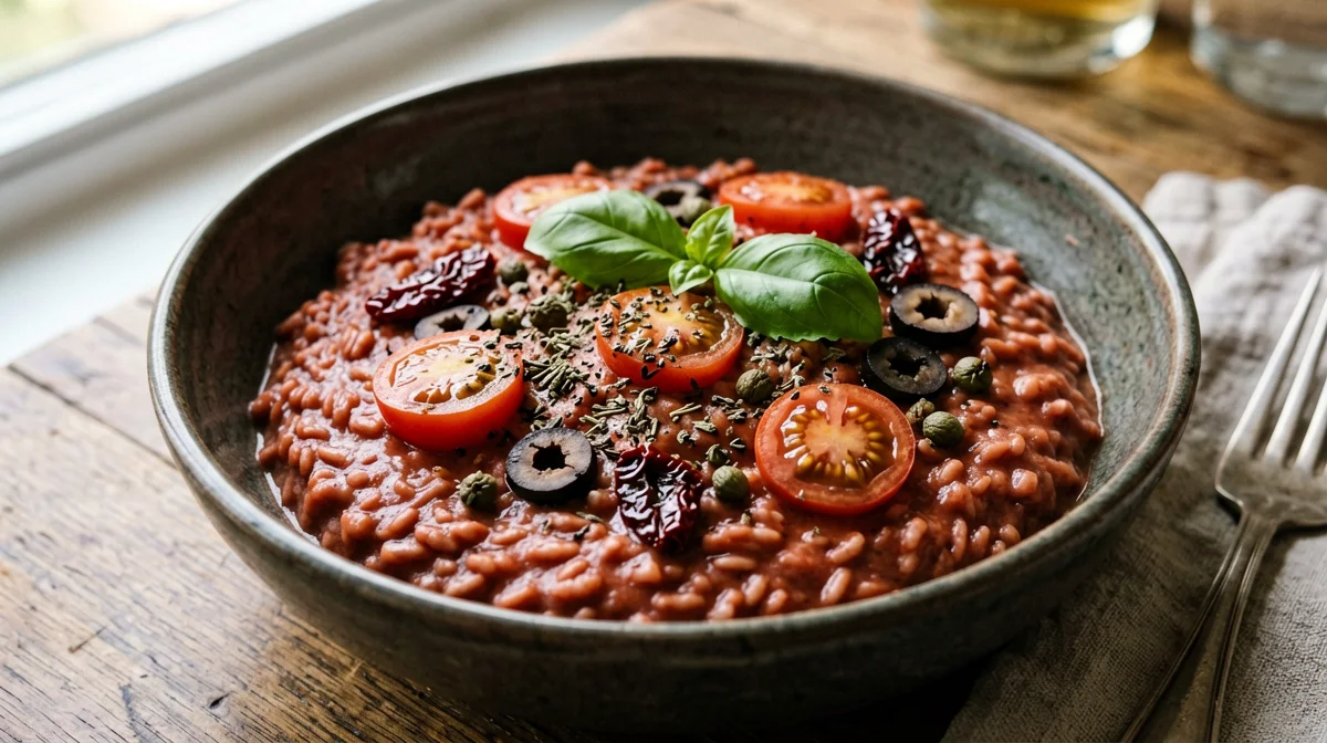 Risotto ai tre pomodori con olive e capperi