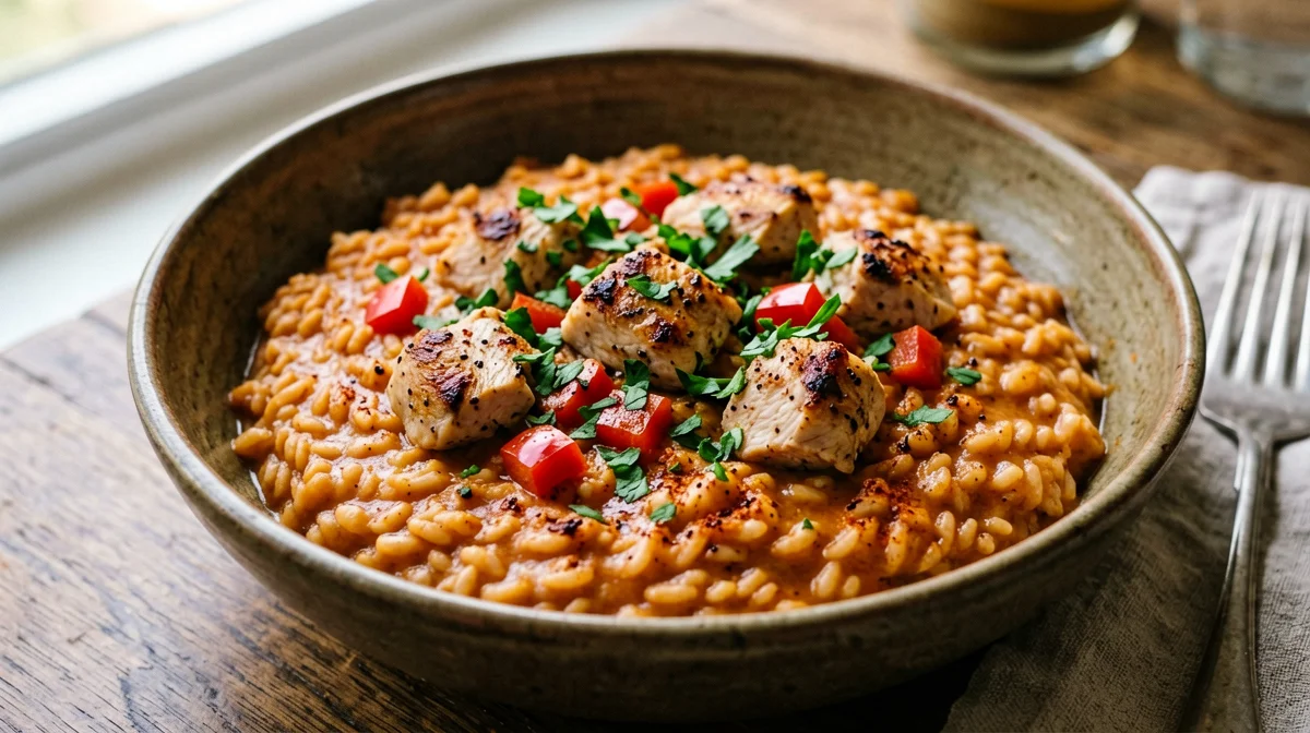 Risotto al pollo, peperoni e paprika affumicata