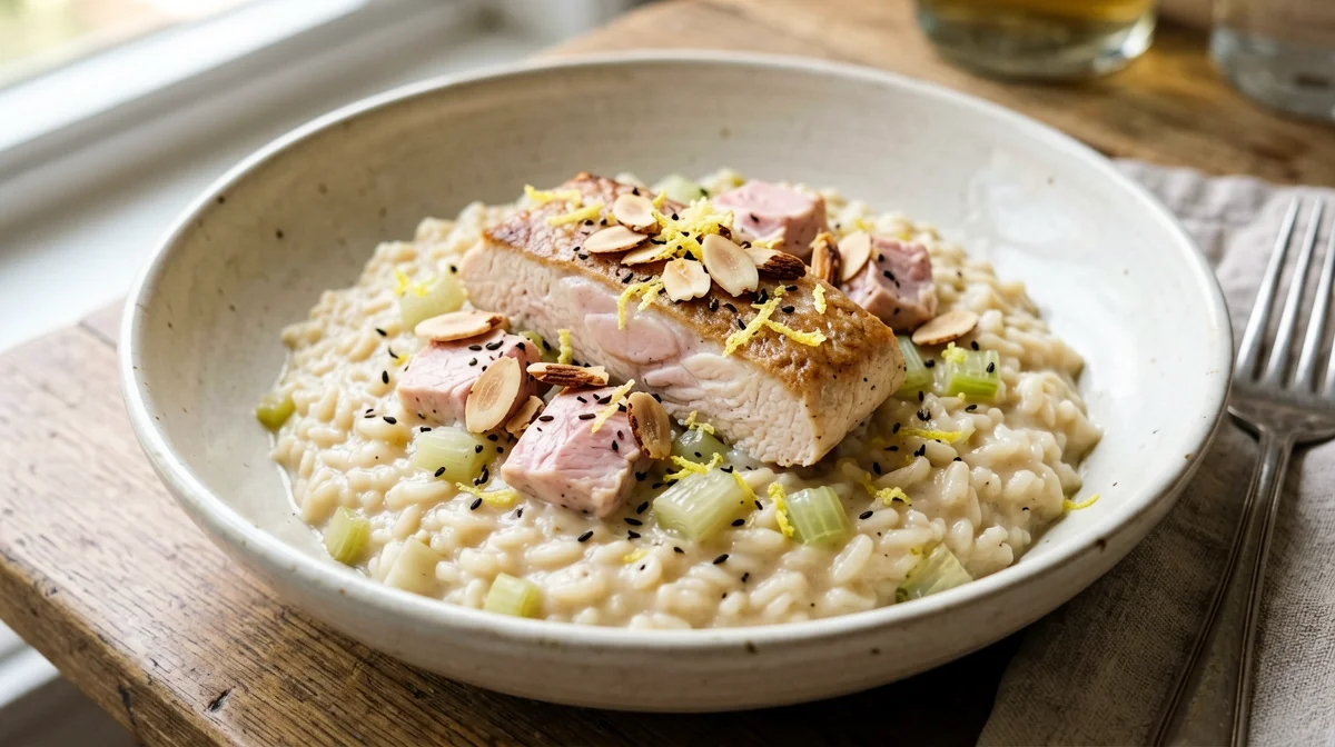 Trout and fennel risotto with almonds