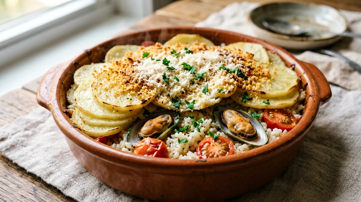 Tiella barese with rice, potatoes and mussels