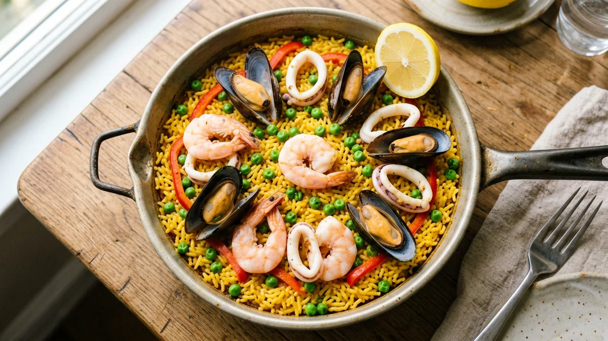 Paella di mare con gamberi e calamari