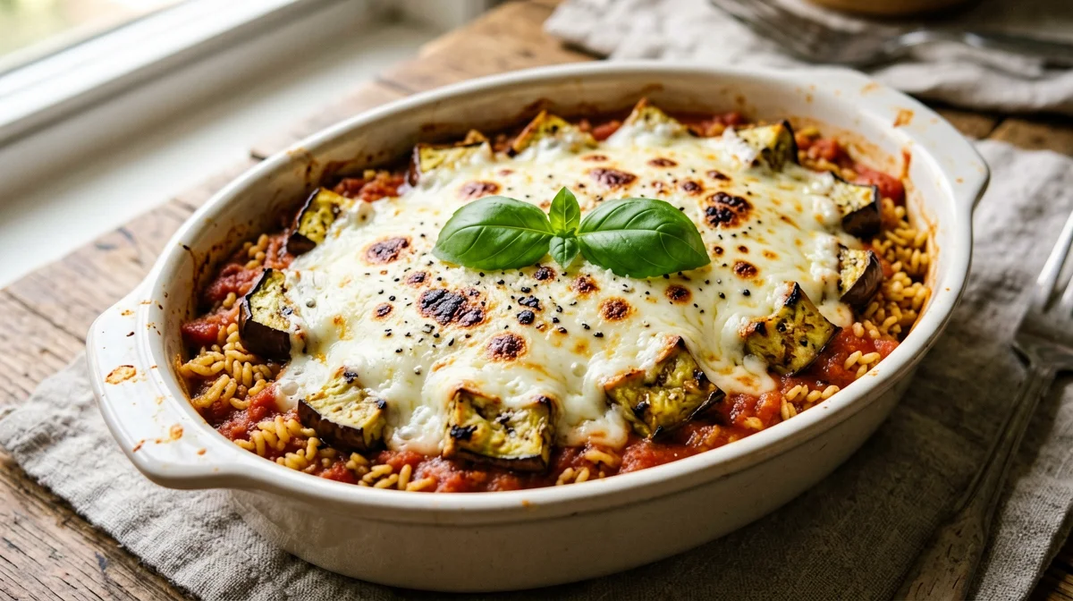 Baked rice with aubergine and mozzarella