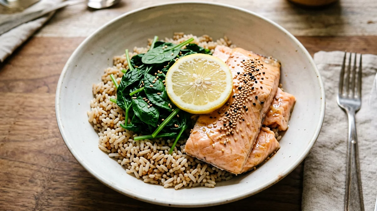 Brown rice with salmon, spinach and sesame