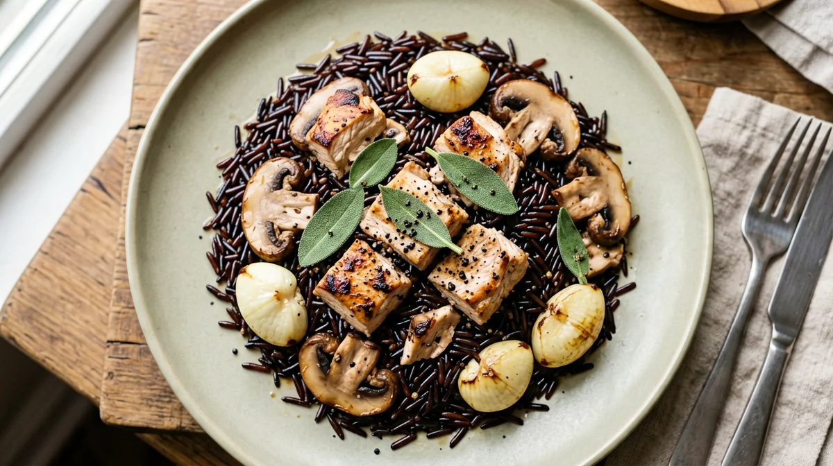 Wild rice with mushrooms, chestnuts and turkey