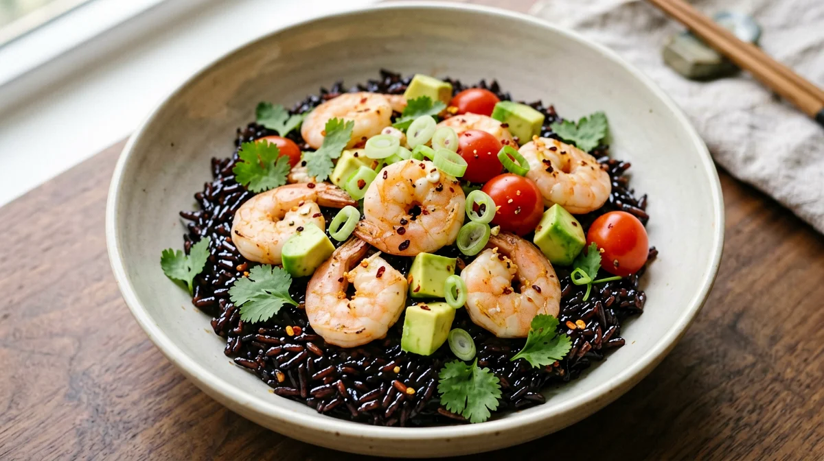 Black rice with prawns, avocado and lime