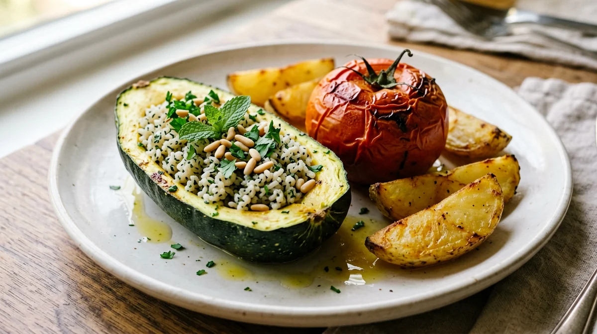 Gemista alla greca con riso, zucchine e pomodori