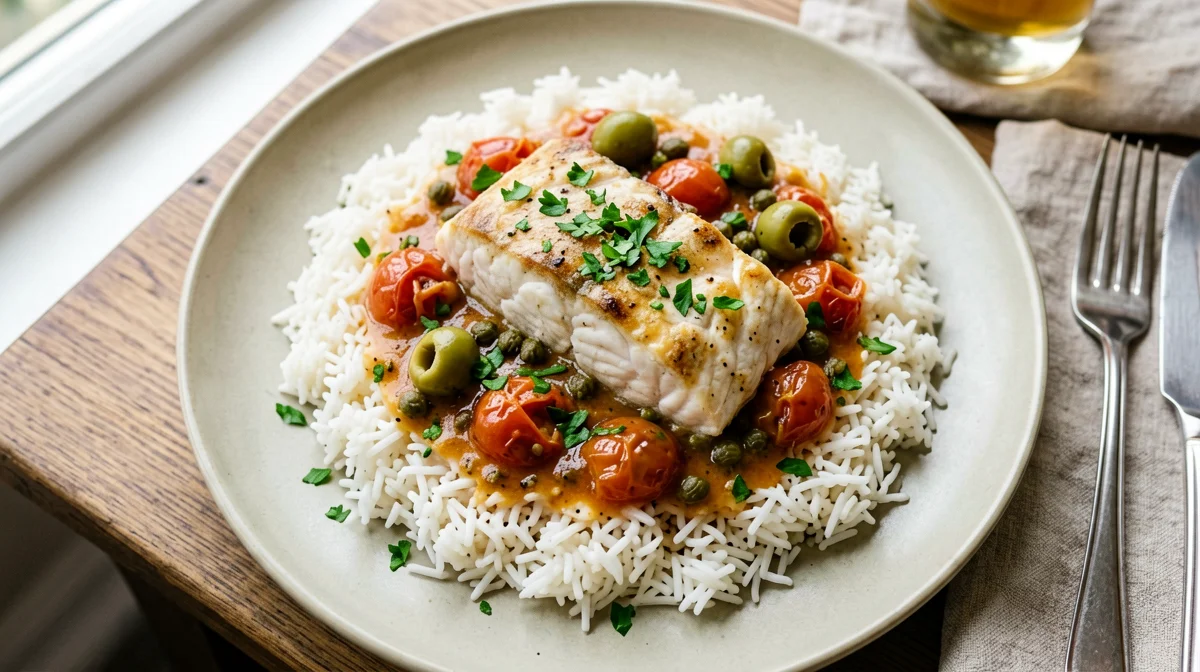 Basmati rice with cod, tomato and olives