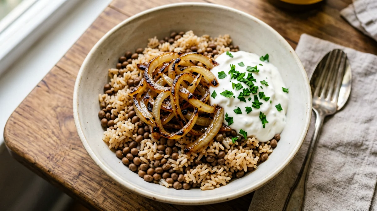 Brown rice and lentils with caramelised onions