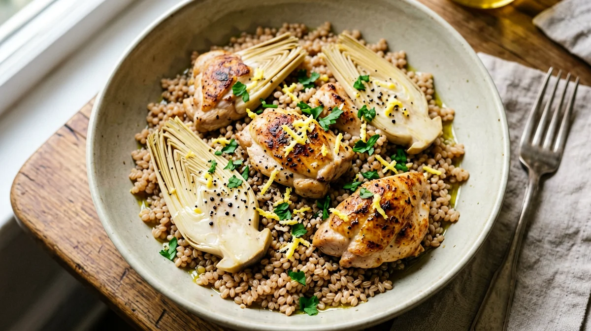 Farro with chicken, artichokes and lemon
