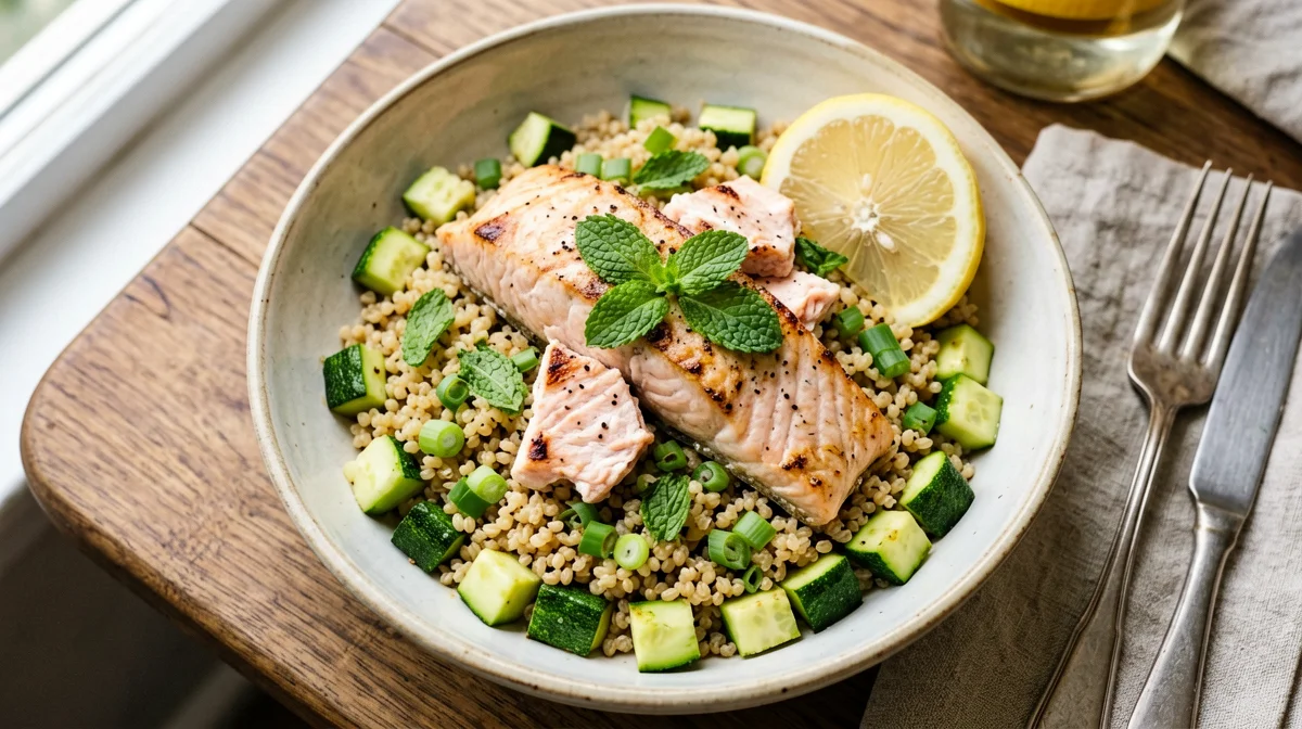 Farro con salmone, zucchine e menta