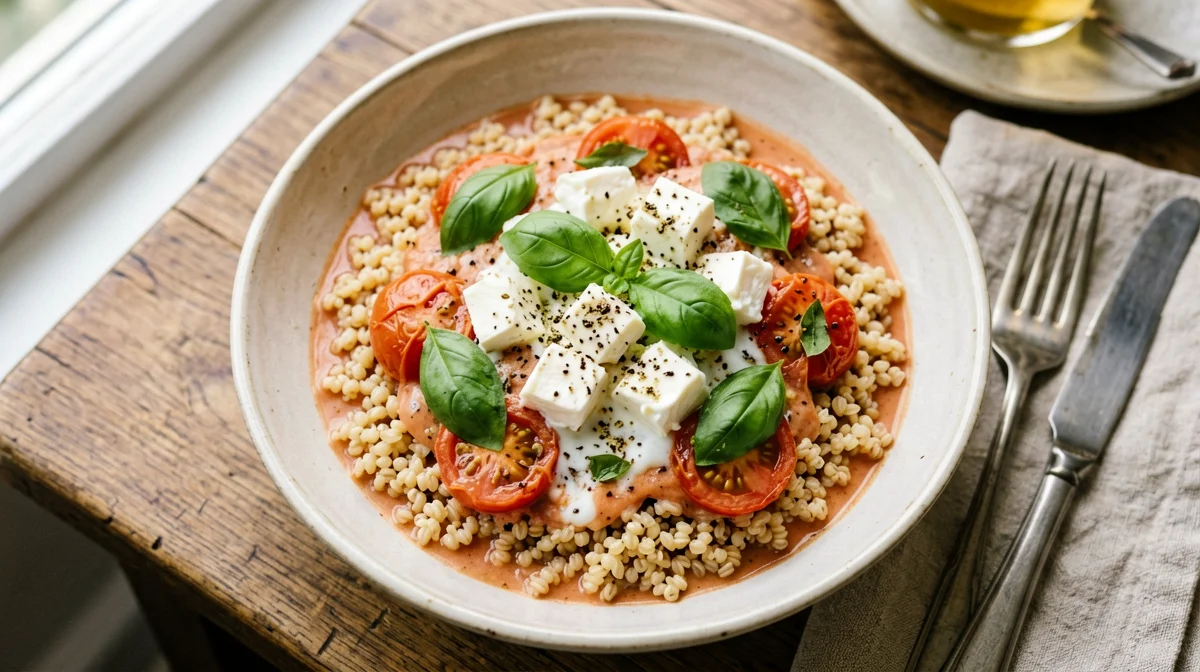 Tomato farro with mozzarella and basil