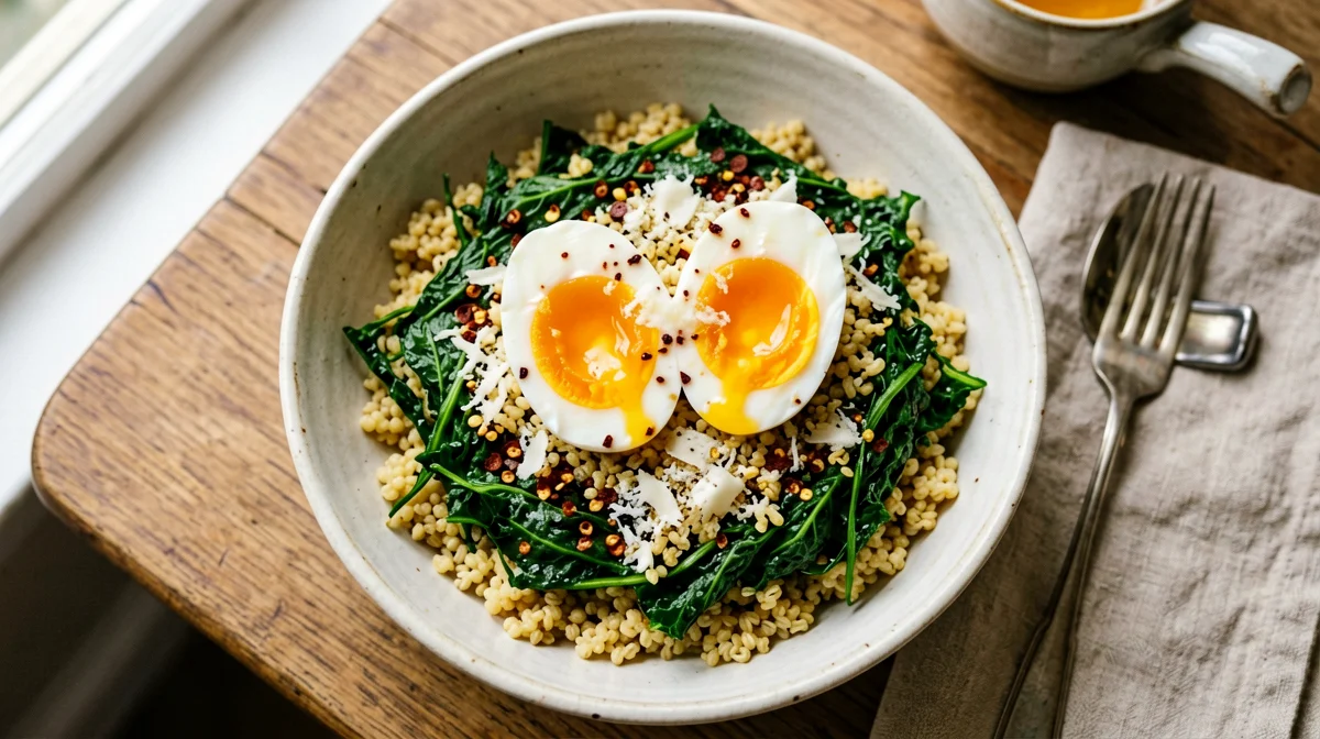 Farro con cavolo nero, uovo e pecorino