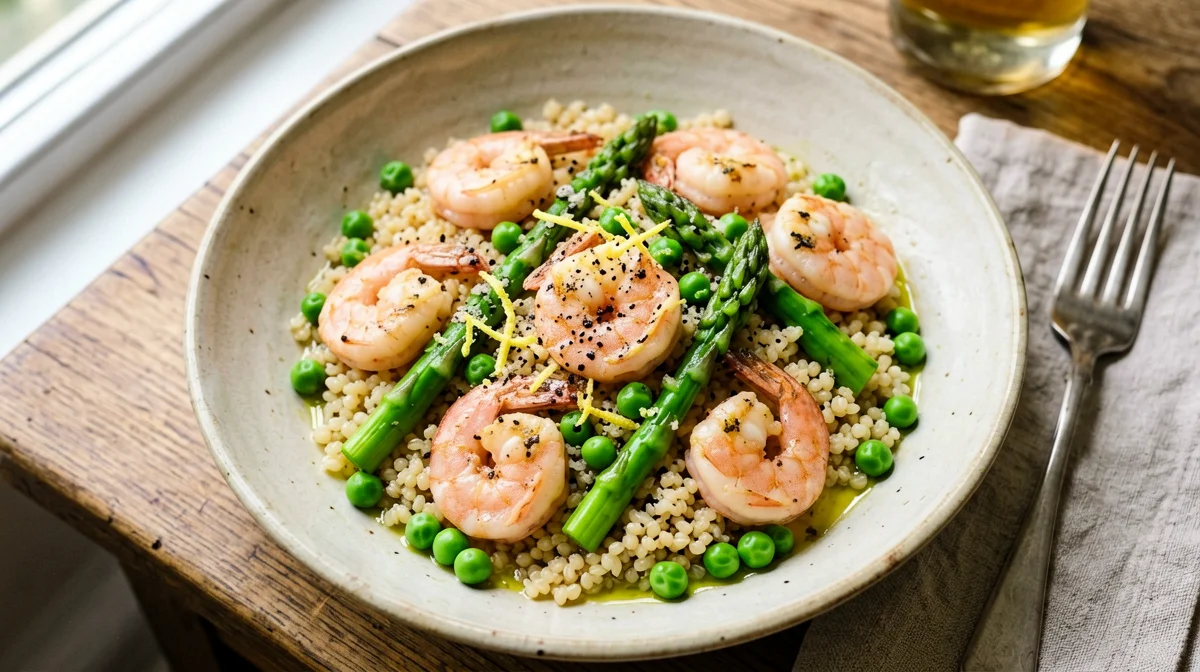Farro con gamberi, asparagi e piselli