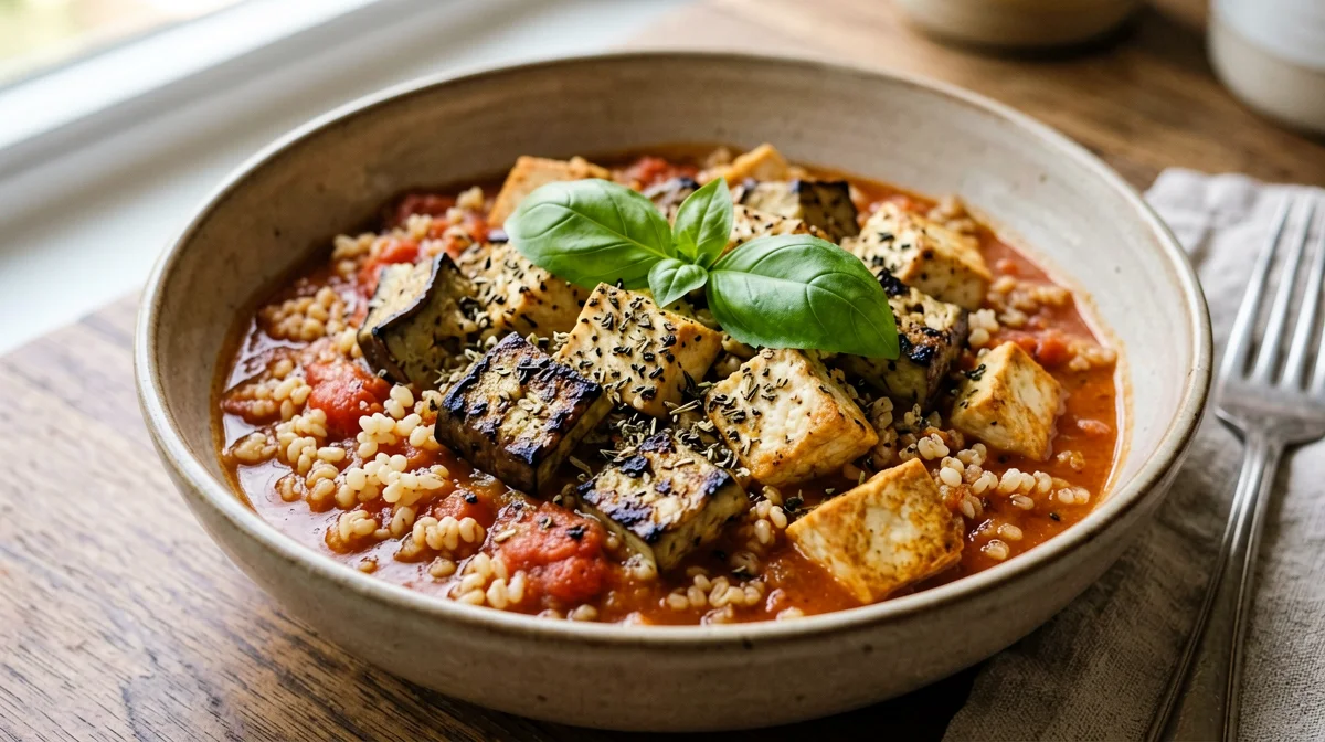 Farro con melanzane, pomodoro e tofu