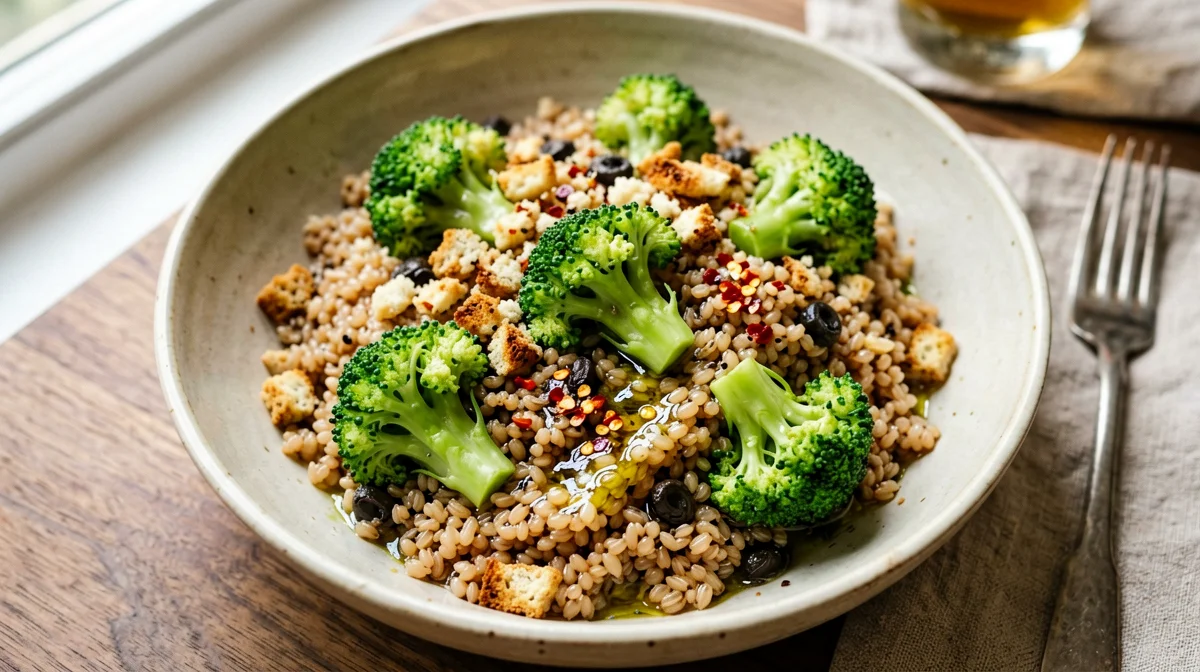 Farro con broccoli, acciughe e pangrattato
