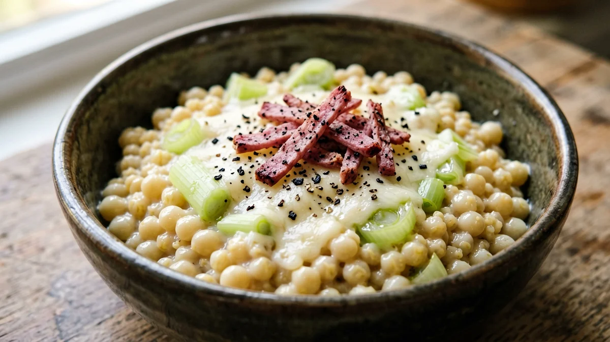 Pearl barley orzotto with leeks and speck
