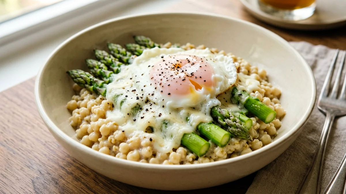 Orzotto agli asparagi e uovo poché